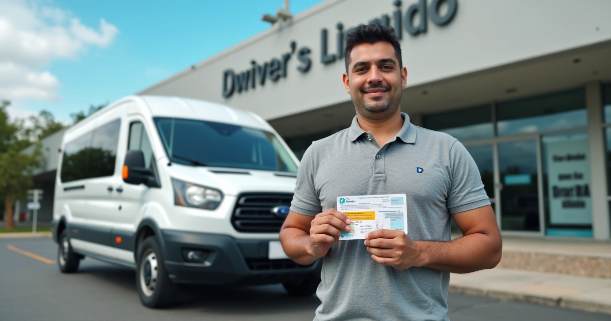 Motorista segurando CNH ao lado de van de passageiros 
