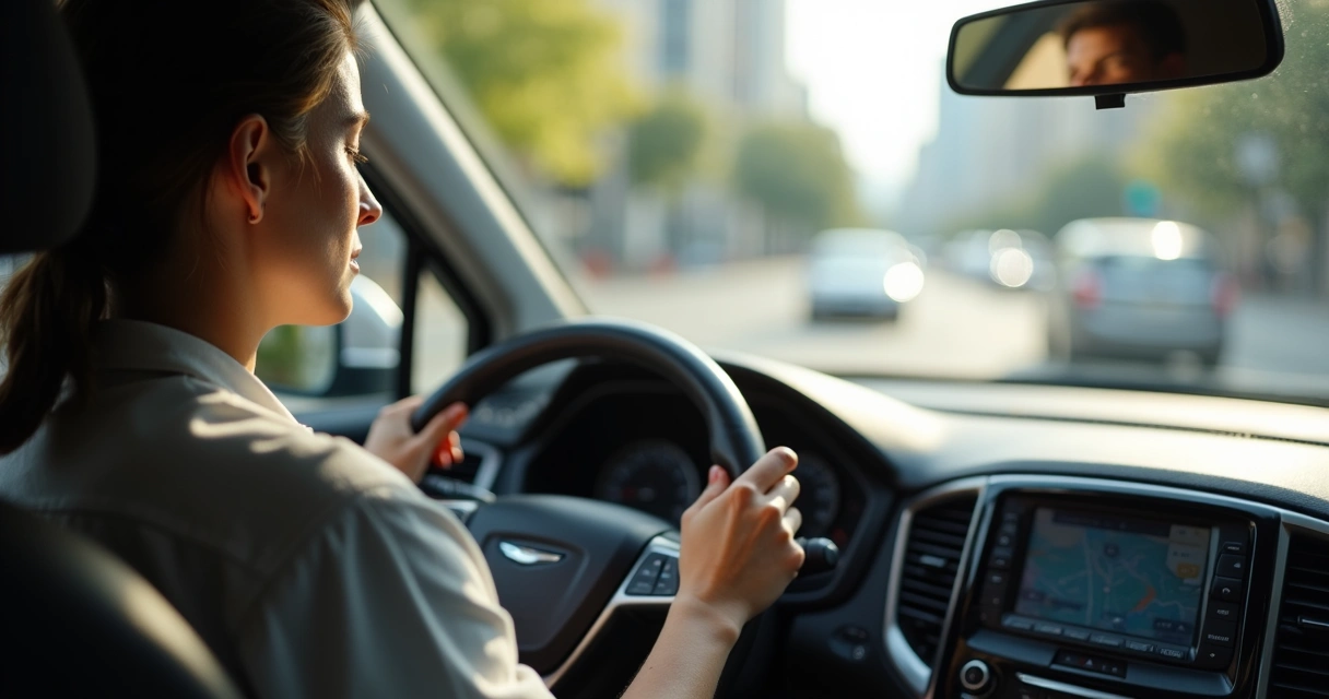 Motorista sentado no carro com olhos fechados, respirando fundo 