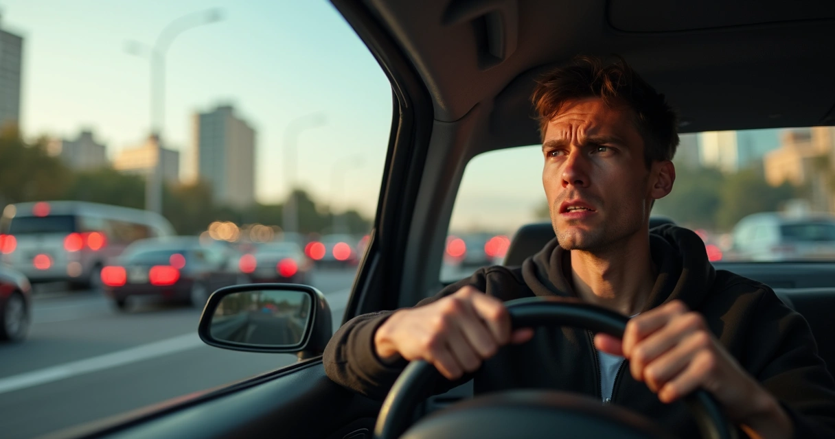 Motorista segurando o volante, expressando irritação, trânsito intenso ao fundo