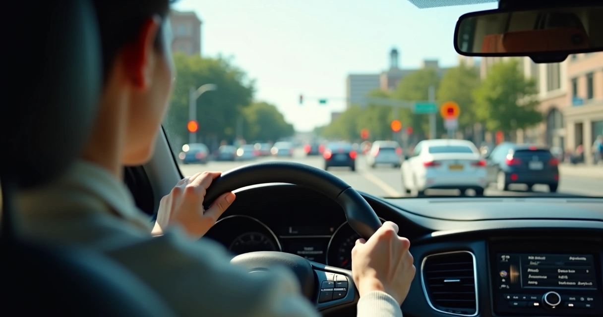 Pessoa ao volante observando atentamente o trânsito, mostra mãos no volante e vista ampla pela janela 