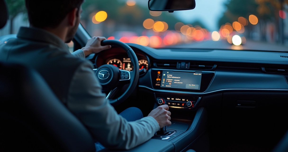 Motorista observando alavanca de câmbio CVT iluminada no console central 