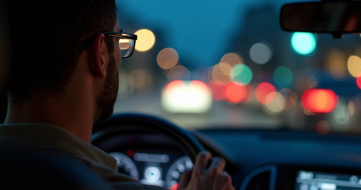 Motorista usando óculos com antirreflexo dirigindo à noite 
