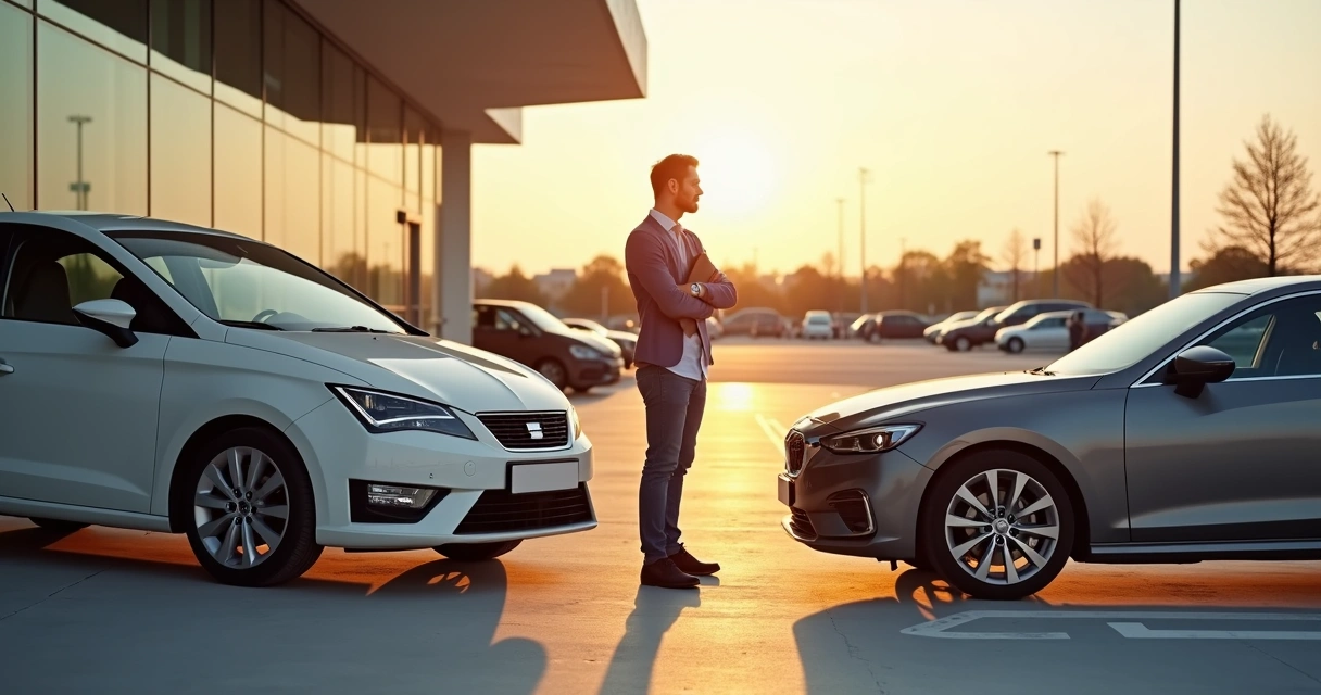 Motorista avaliando carro usado em concessionária para troca de modelo 