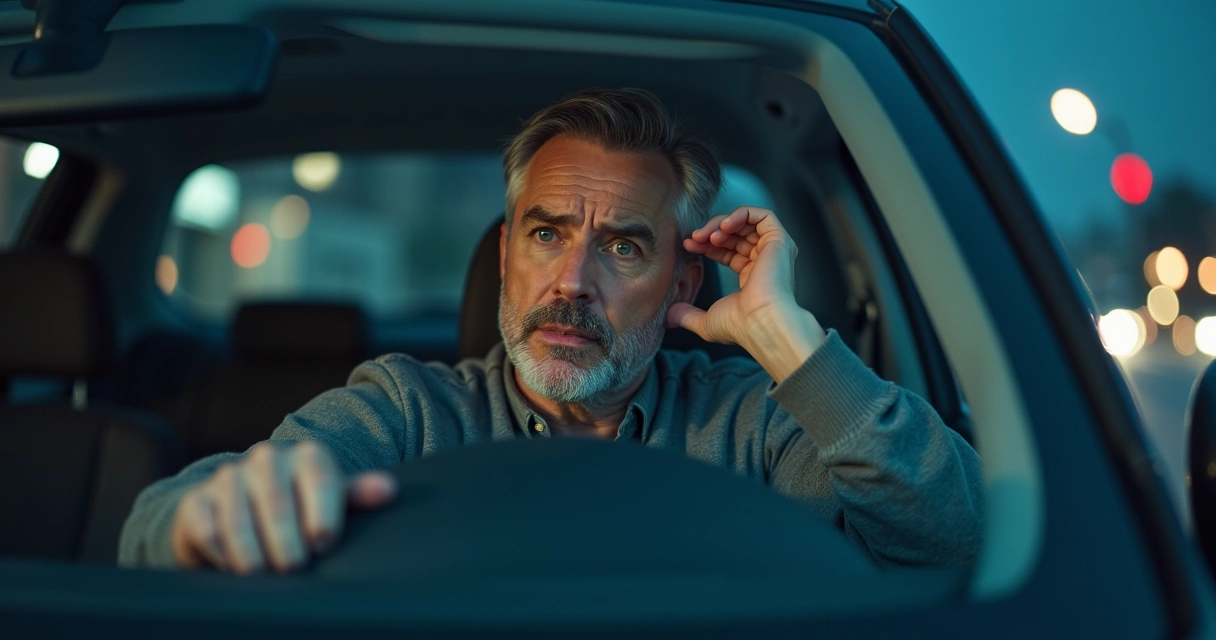 Homem ao volante ouvindo barulho estranho no carro 