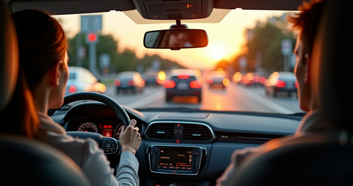Motorista atento dirigindo em trânsito urbano ao entardecer 