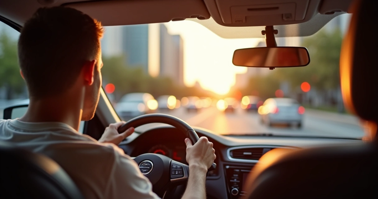 Motorista atento dirigindo em trânsito urbano ao entardecer 