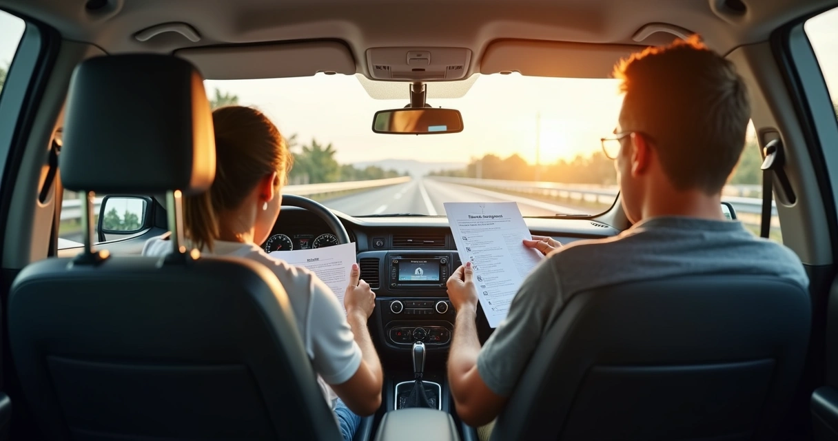 Motorista preparando documentos no carro antes de viagem