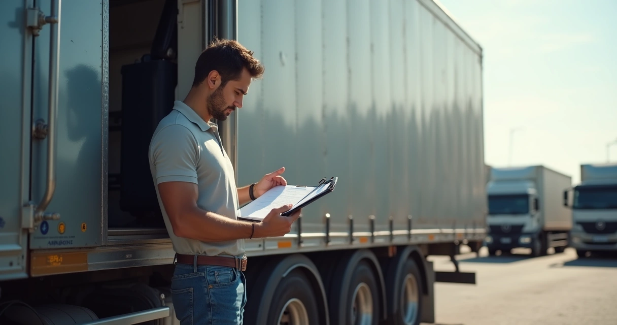 Motorista profissional brasileiro confere documentos ao lado do caminhão