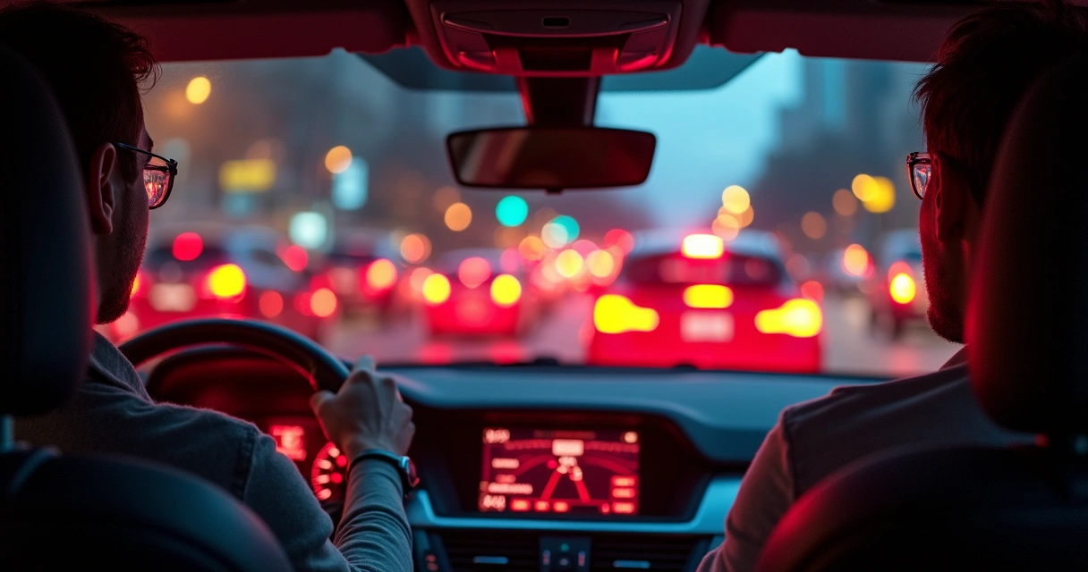 Motorista tenso em engarrafamento noturno 