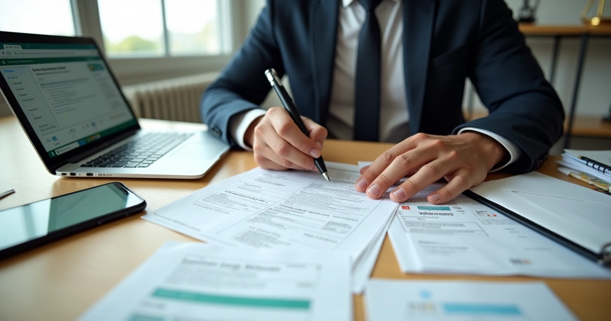 Motorista organizando documentos para recurso de multa em mesa de escritório 