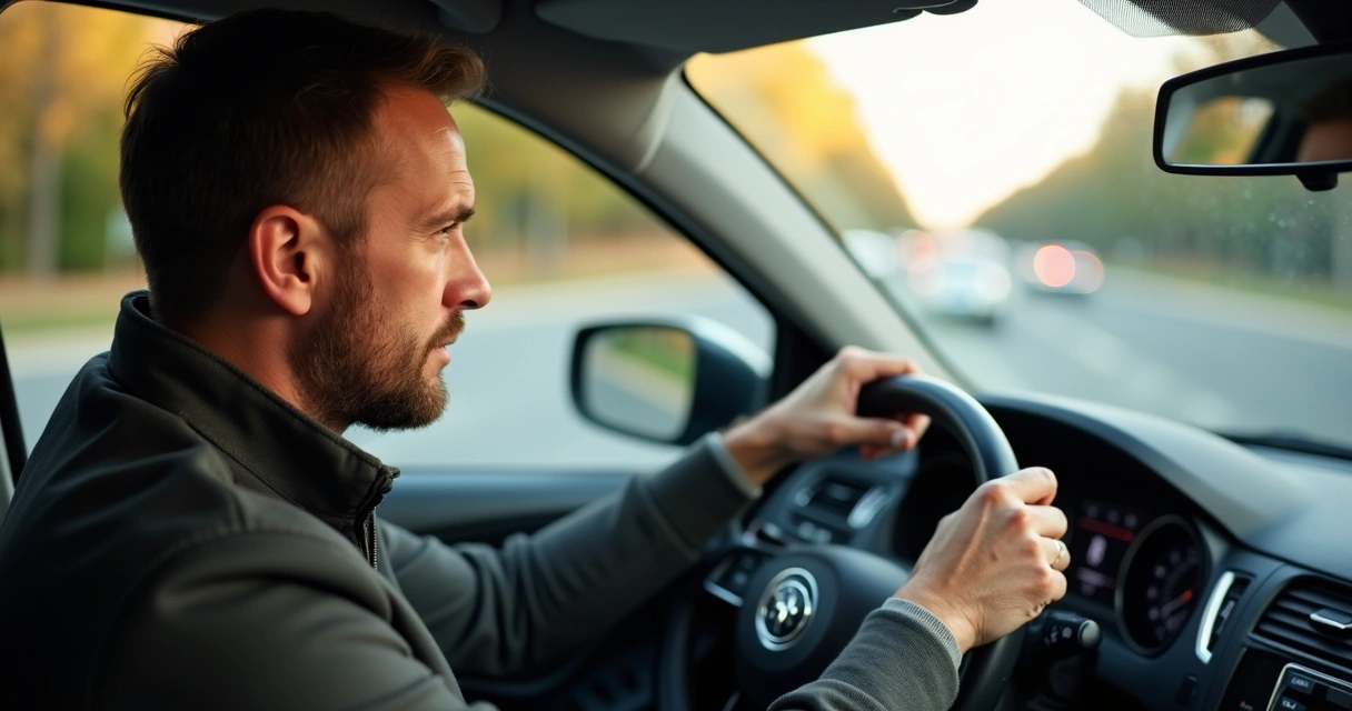 Motorista relaxando e respirando fundo no carro durante congestionamento