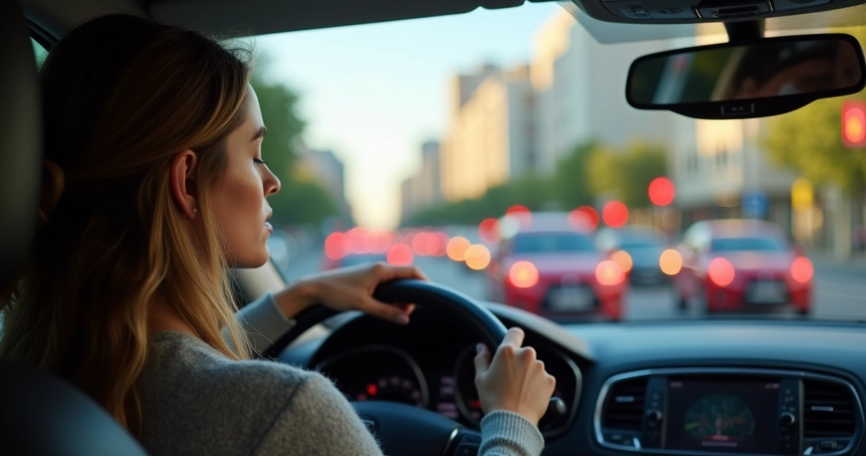Motorista segurando o volante de carro parado no trânsito, olhos fechados, respiração profunda 