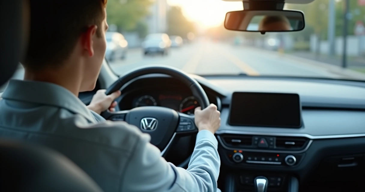 Motorista respirando com as mãos no volante antes de sair 