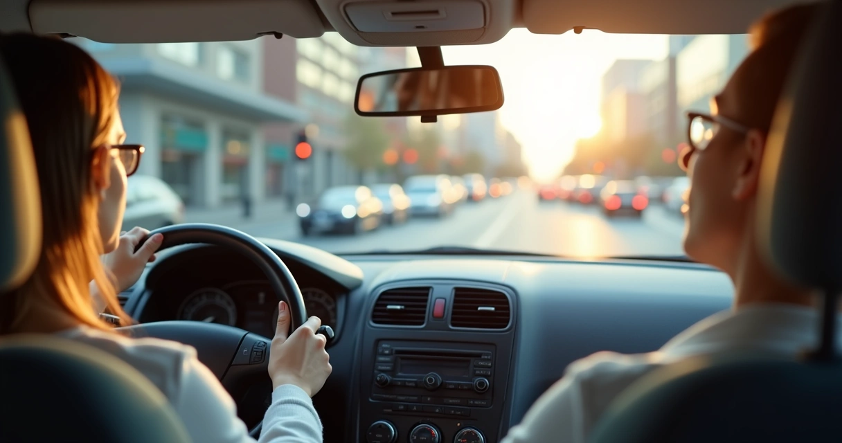 Motorista com mãos no volante respirando calmamente no trânsito