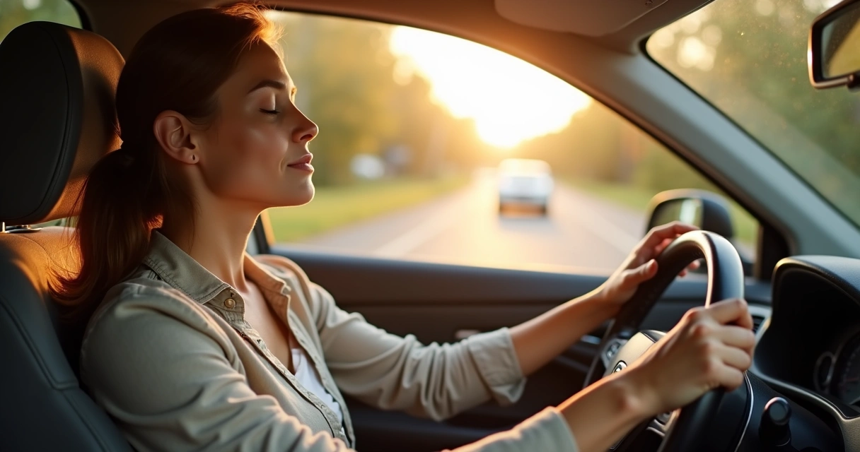 Pessoa no carro inspirando fundo ao segurar o volante