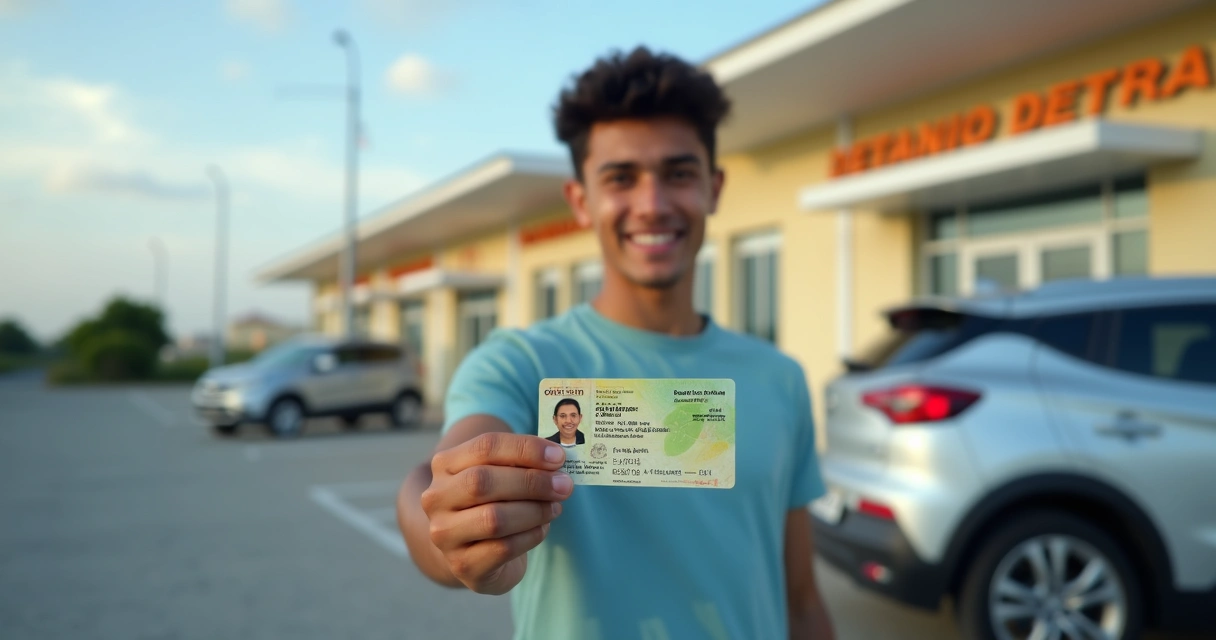 Motorista brasileiro segurando CNH definitiva em frente a um carro 