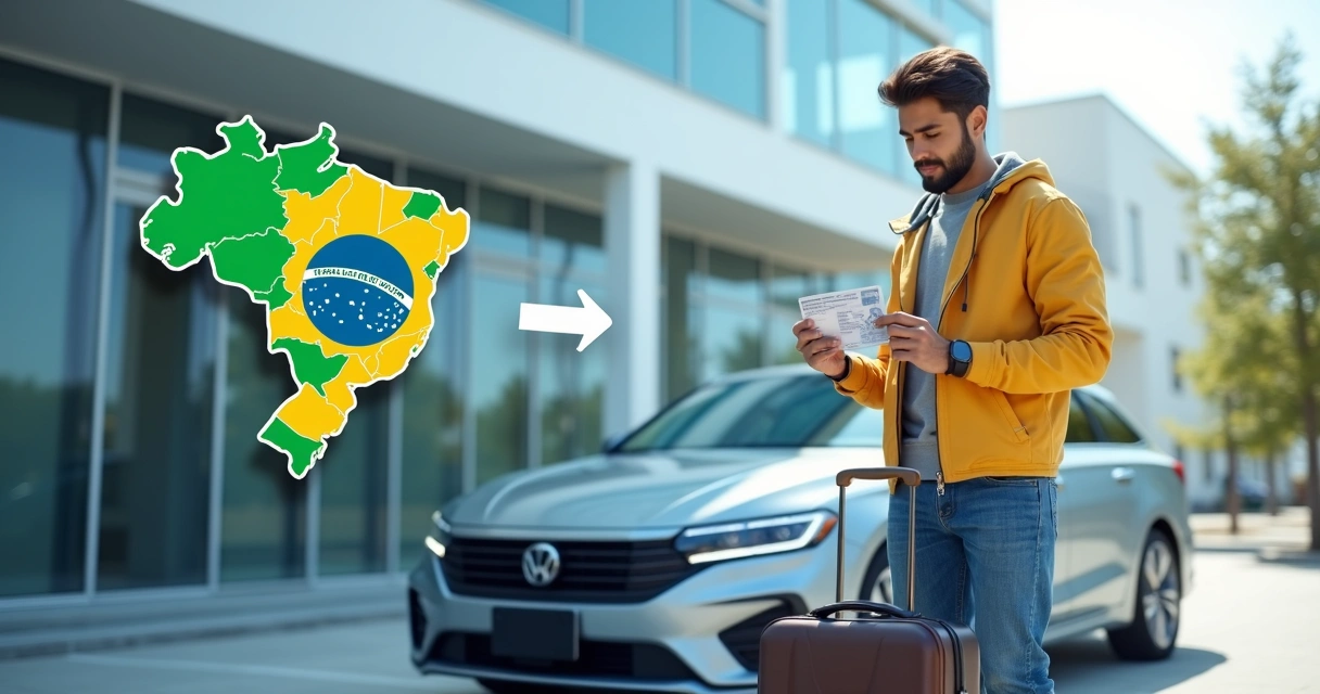 Motorista segurando carteira de habilitação ao lado de malas de viagem e mapa do Brasil com destaque para mudança de estado 