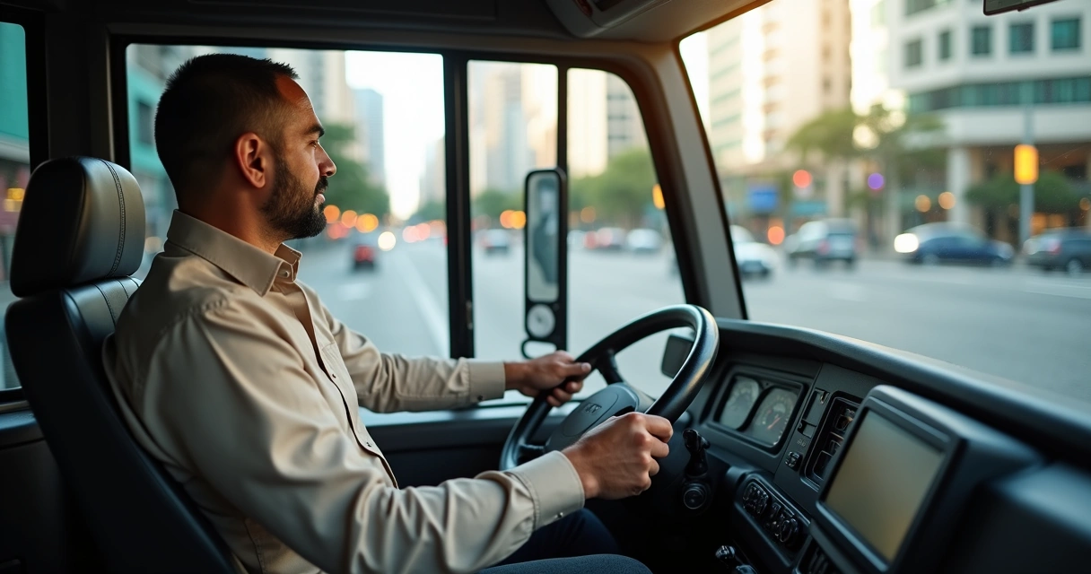 Motorista sentado ao volante de ônibus urbano moderno