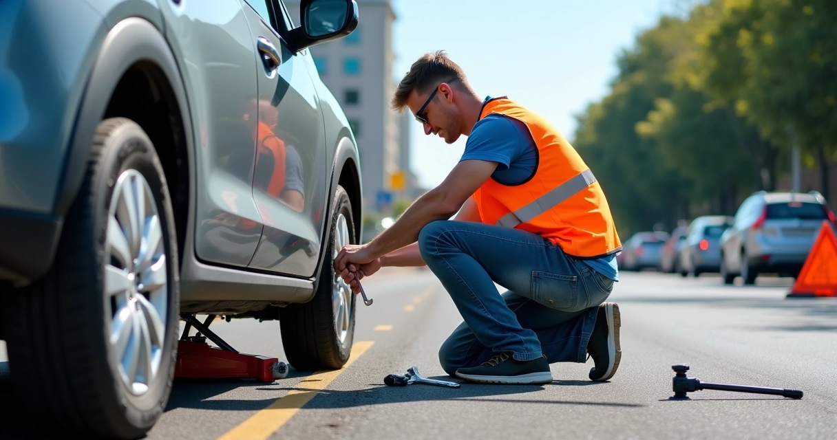 Motorista trocando pneu do carro com macaco e ferramentas de emergência 
