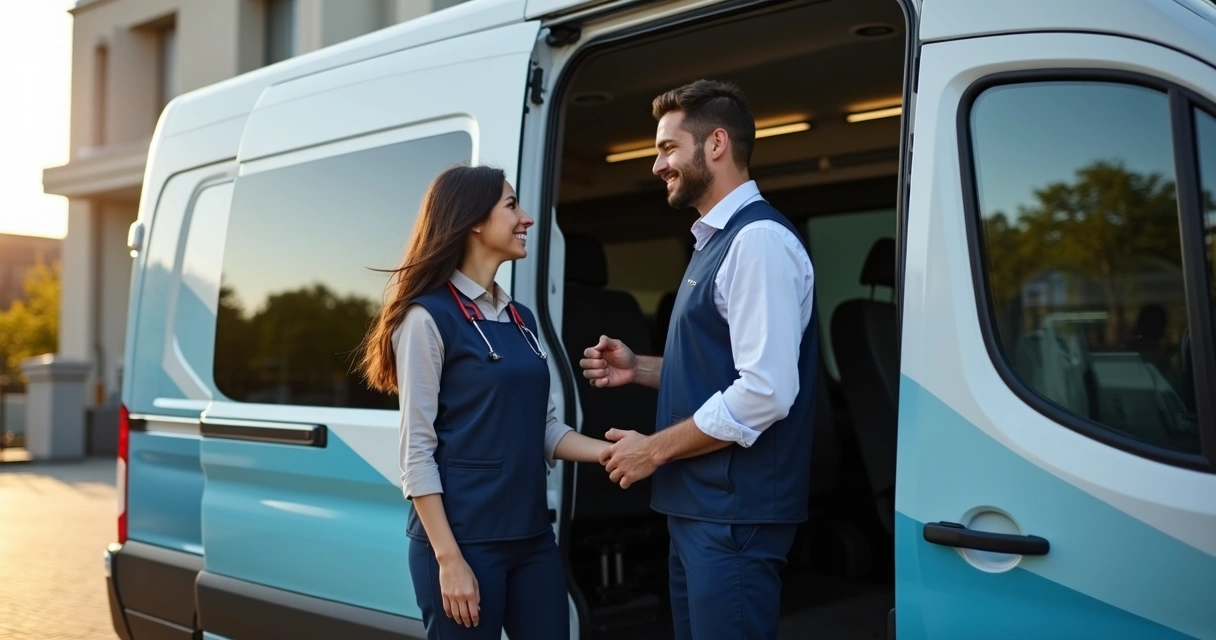 Motorista de van corporativa cumprimentando colaborador na entrada 