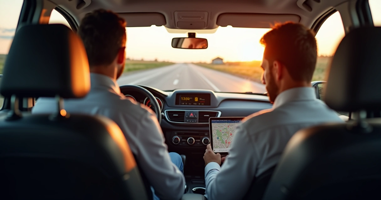 Motorista de van checando sistema de monitoramento GPS 