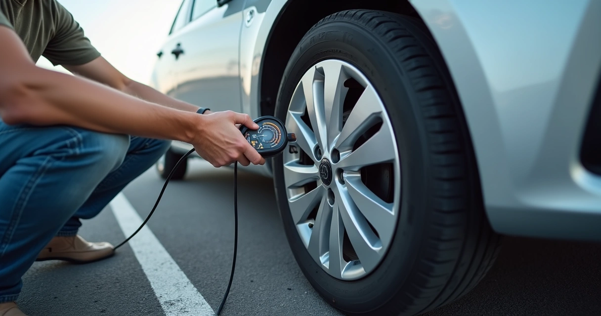 Motorista agachado num estacionamento checando pneu enquanto observa alerta de pressão no painel 