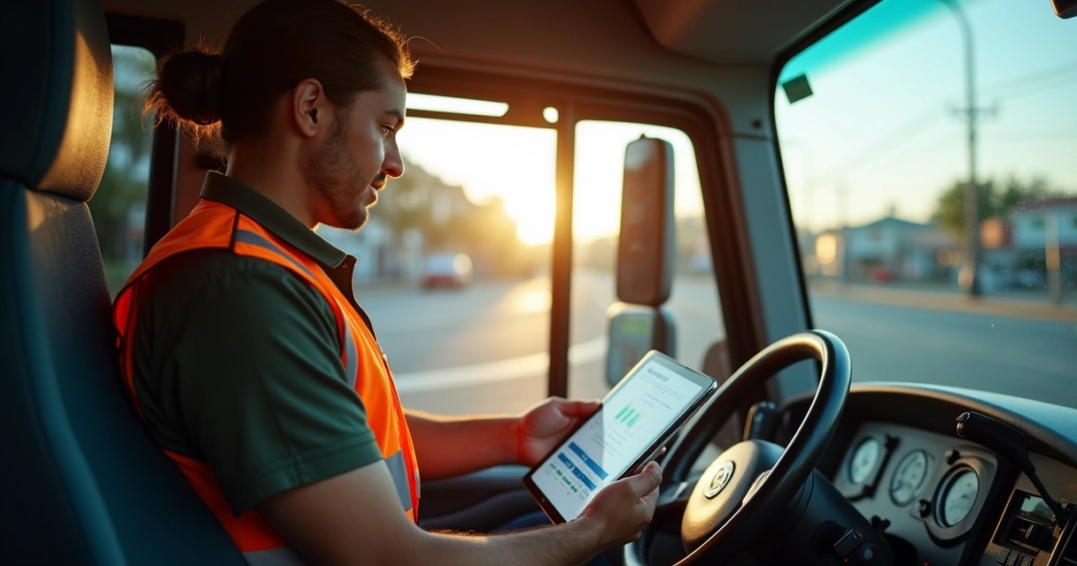 Motorista conferindo rota digital em tablet dentro do veículo