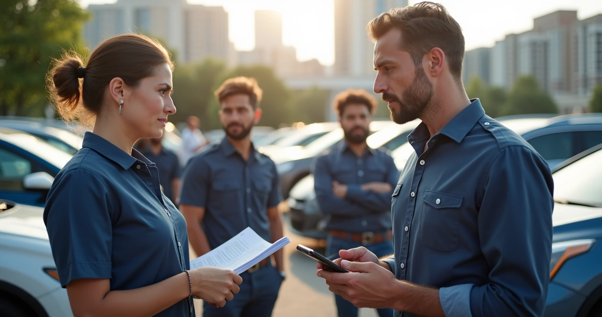 Motoristas de aplicativo reunidos discutindo trabalho. 