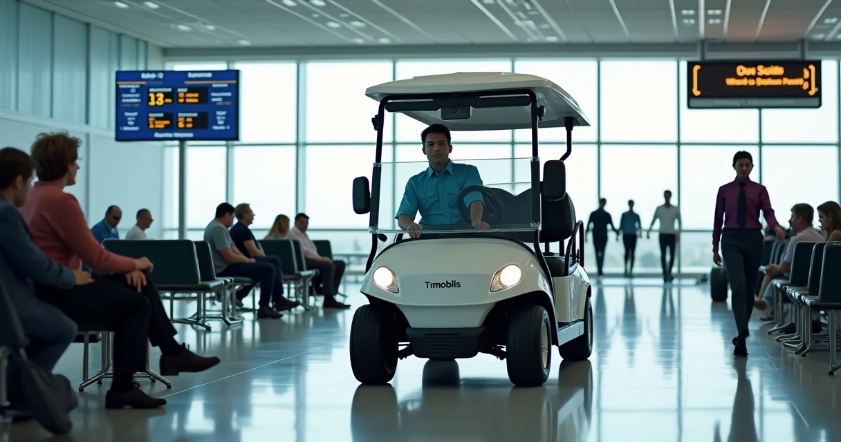 Motorista conduzindo carrinho de golfe elétrico por terminal de aeroporto