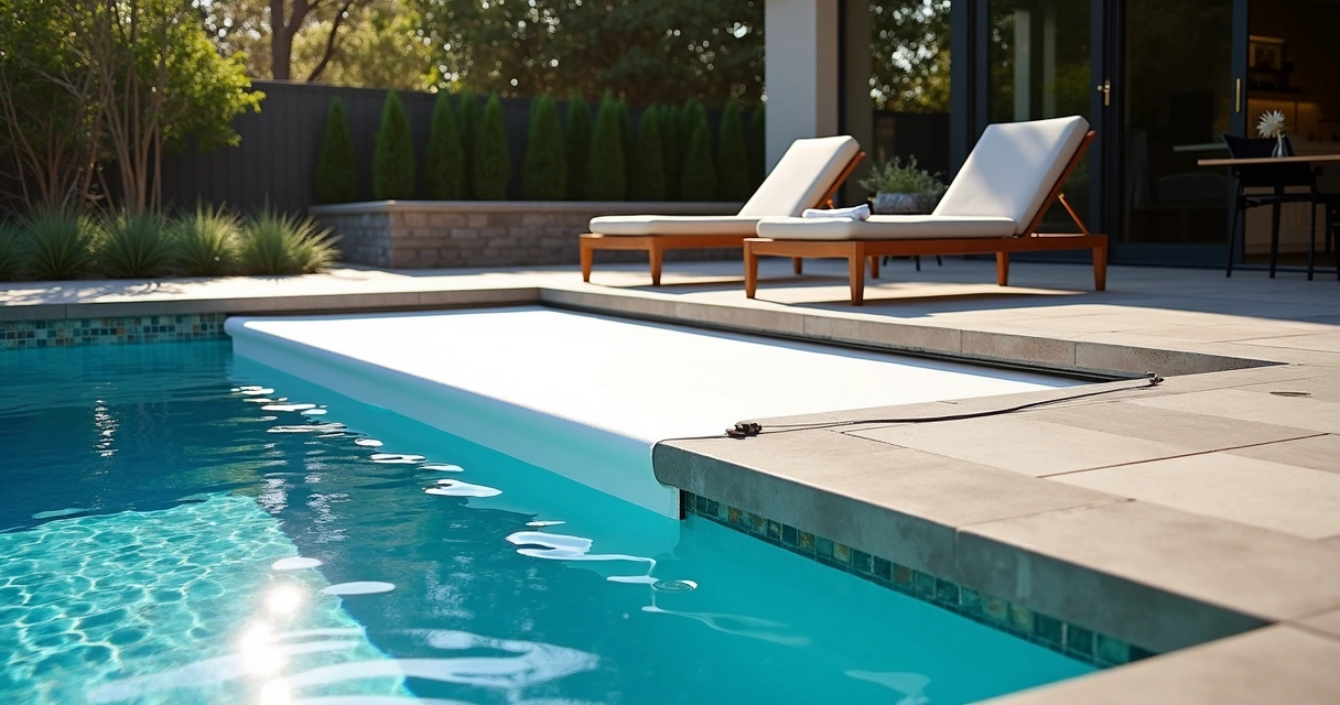 Modern swimming pool with integrated motorized safety cover