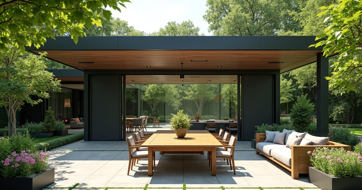Motorized outdoor screens on large garden patio with lush landscaping 