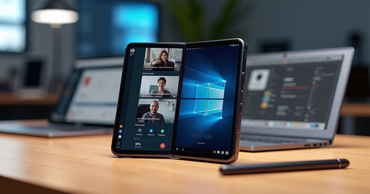 Motorola Razr Fold aberto com tela interna grande ao lado de notebook em mesa de trabalho 
