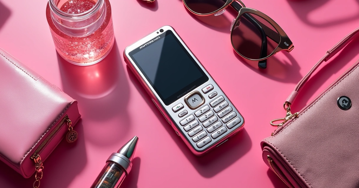 Celular dobrável rosa ao lado de acessórios e fundo brilhante 