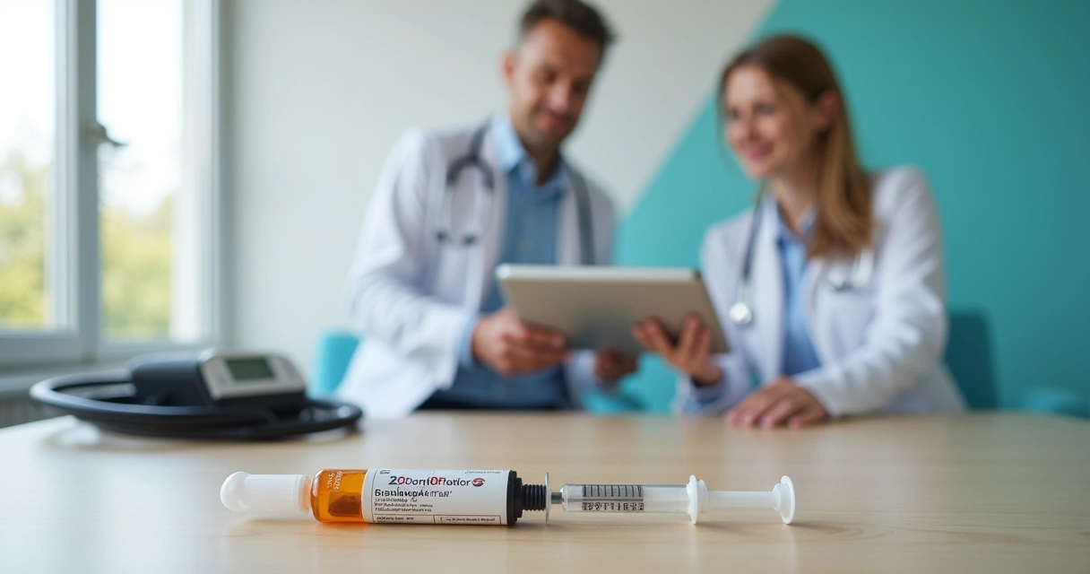 Frasco de Mounjaro ao lado de seringa sobre mesa com paciente obeso e médico ao fundo 