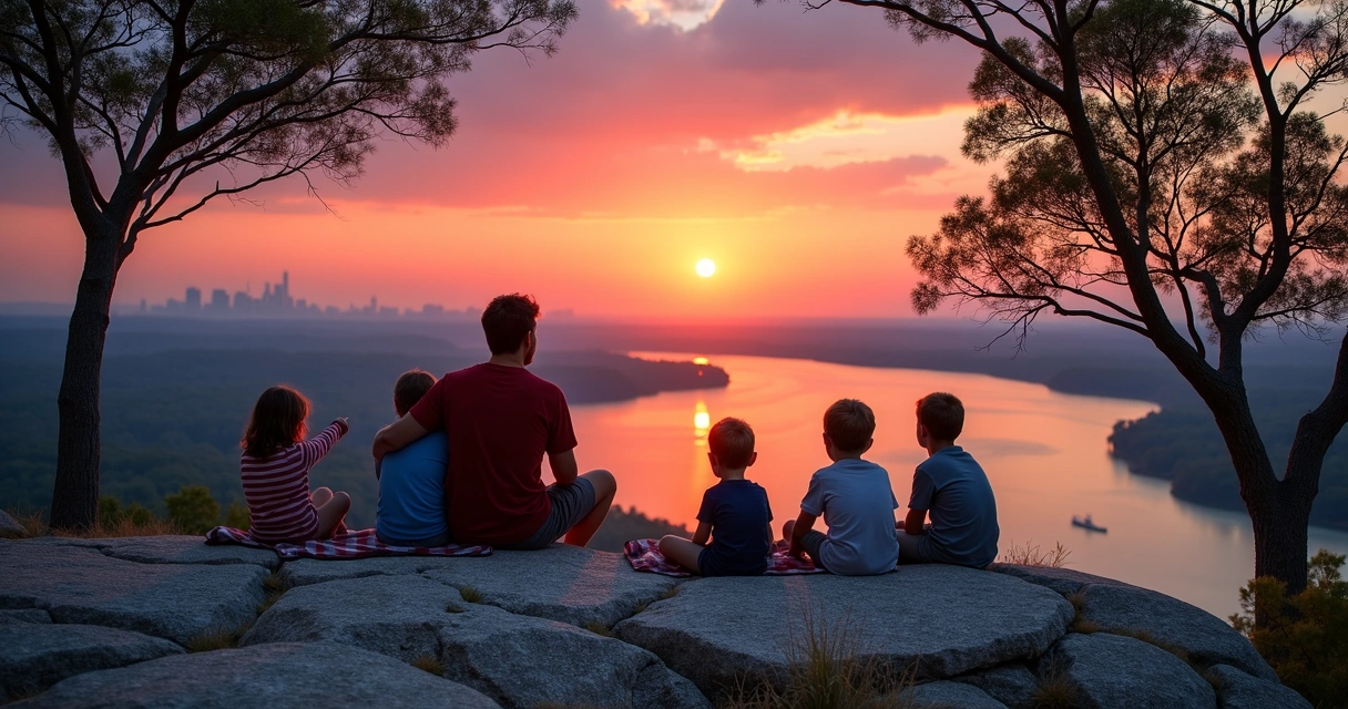 Family at sunset on Mount Bonnell overlook 