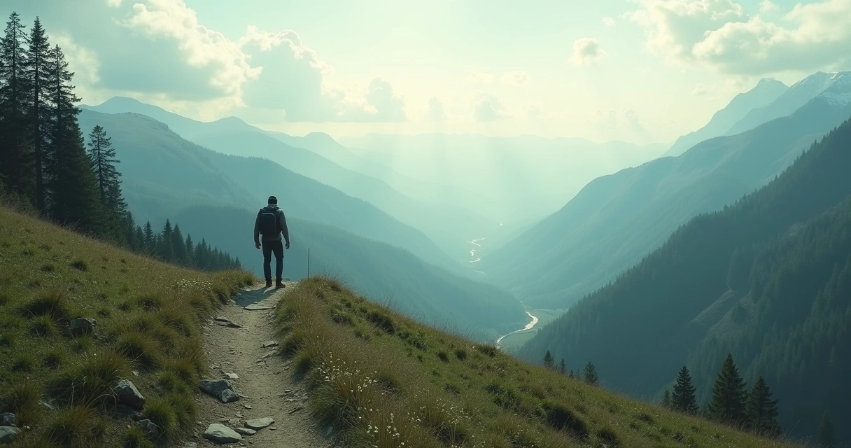 Person standing on a mountain path with layered views ahead 