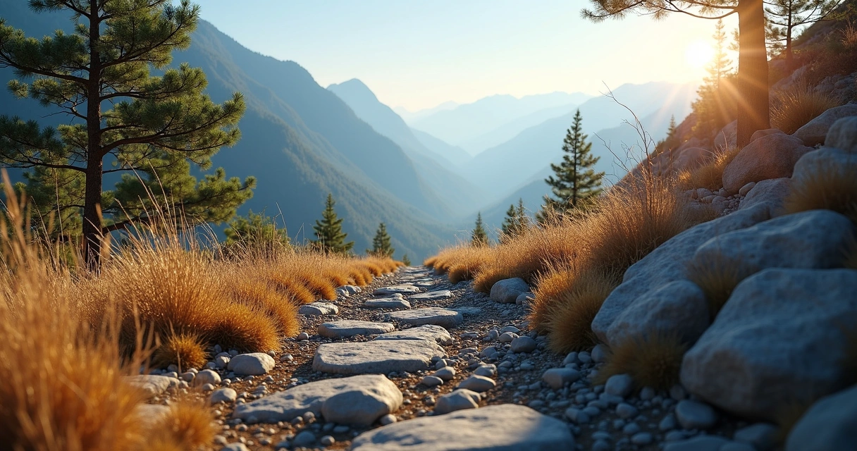 Narrow path leading to a clear fork on a mountain trail 