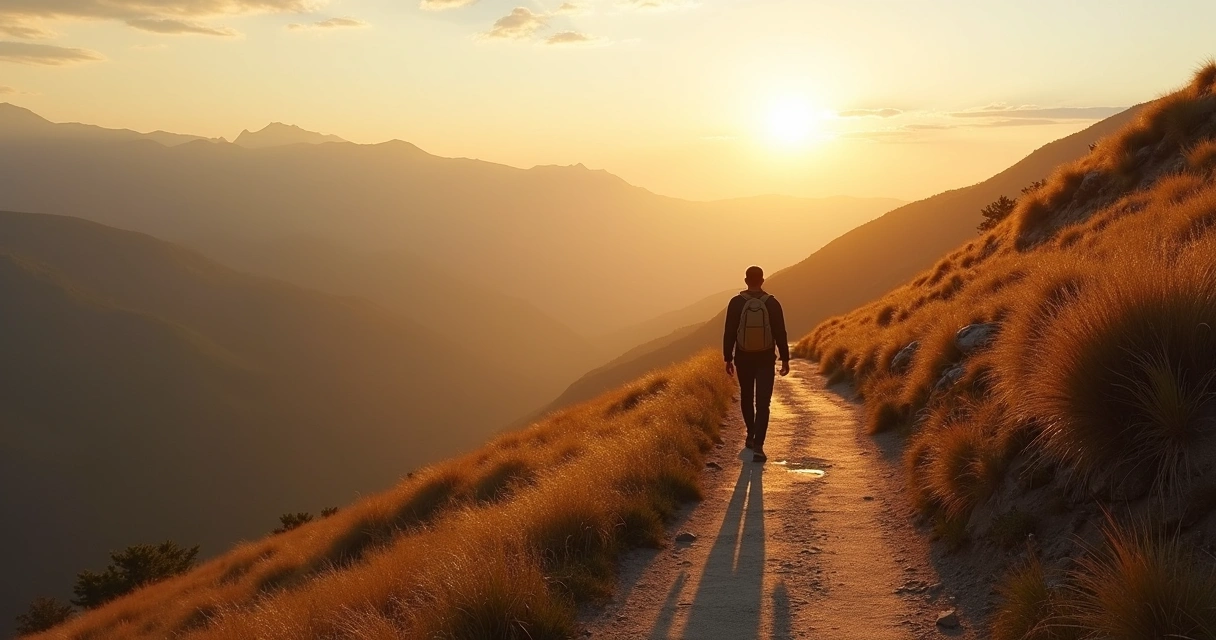 Person walking alone on a mountain path at sunrise