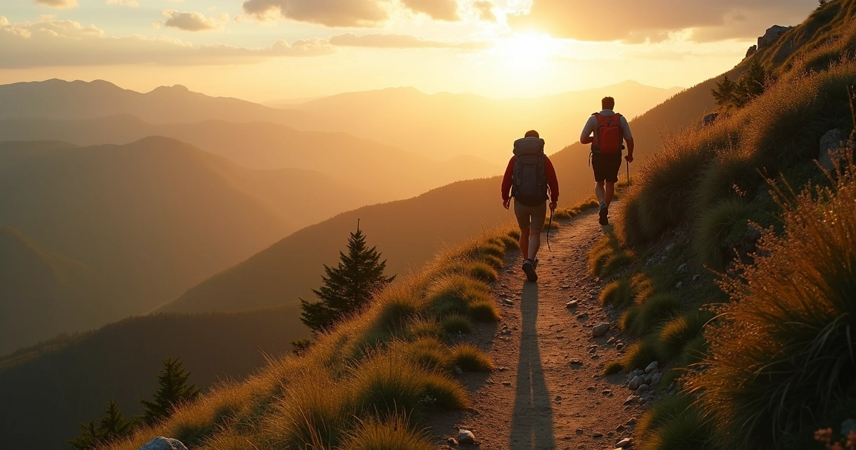 Two hikers on a mountain path at sunrise