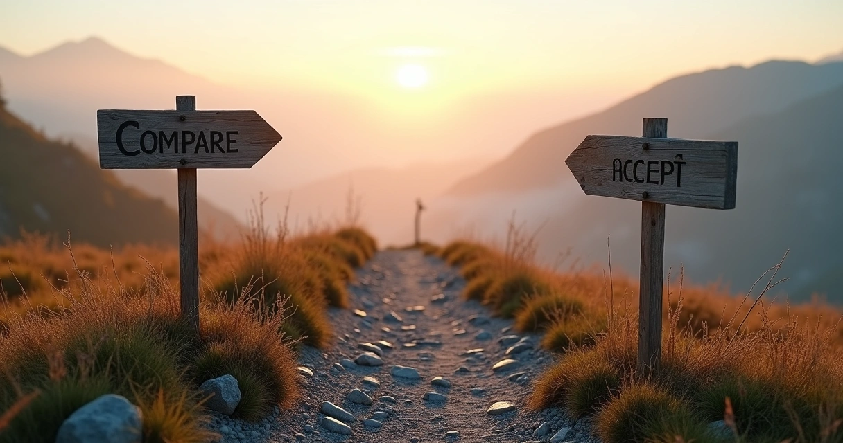 Two signs on a path labeled compare and accept