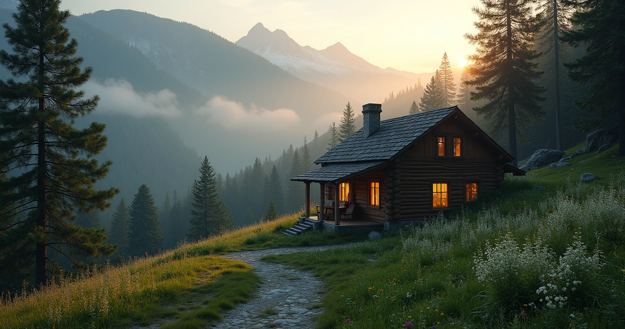 Secluded mountain cabin with forest and misty sunrise 