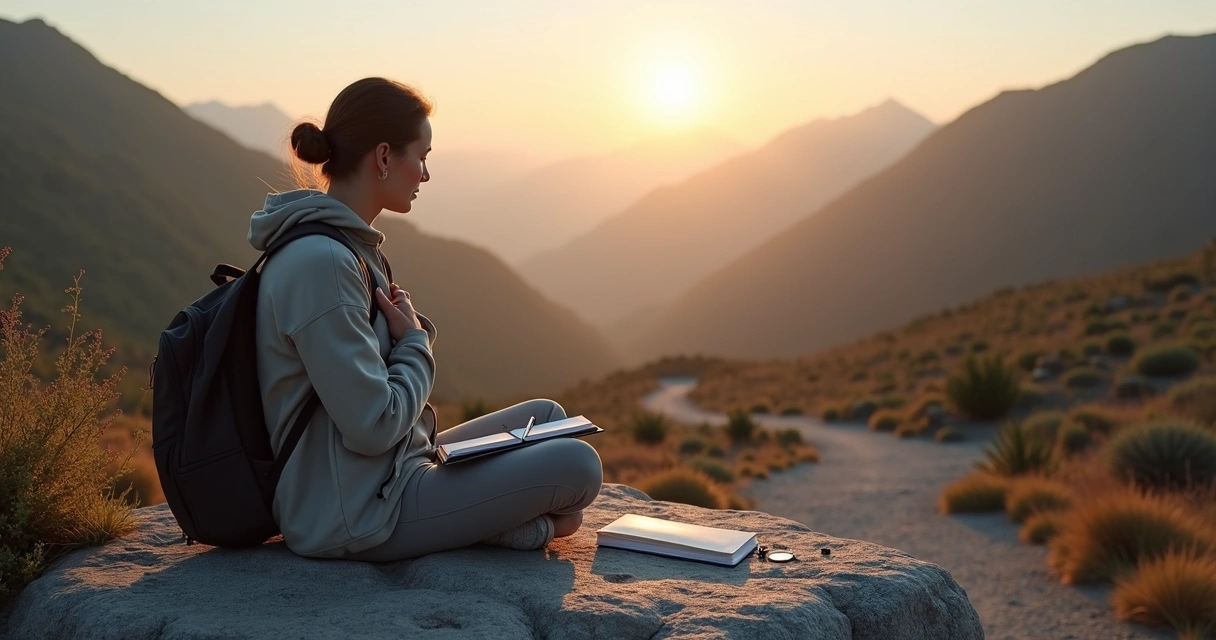 Person on mountain trail pausing with hand on heart while holding notebook 