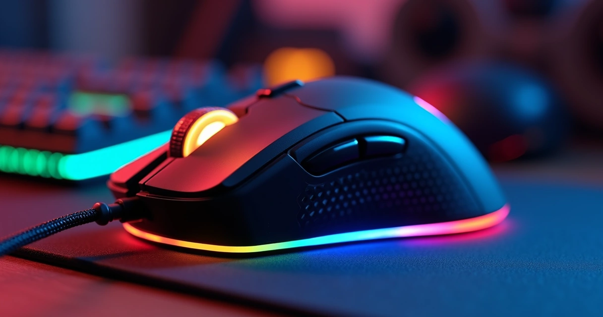 Detalhe de mouse gamer com vários botões laterais iluminados por RGB. 