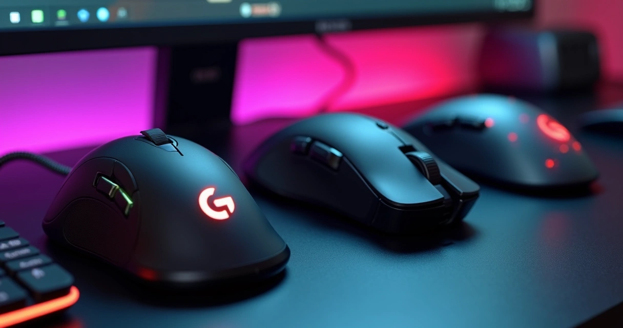 Três tipos de mouse gamer lado a lado: com fio, sem fio e personalizável, mostrando detalhes visuais. 