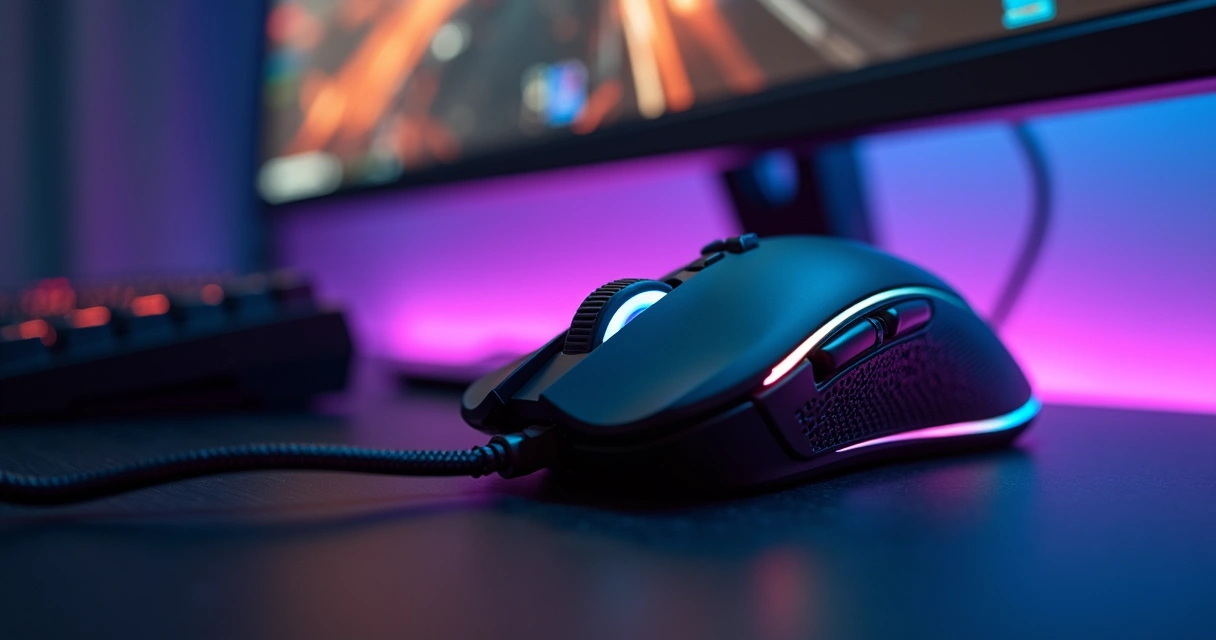 Mouse gamer com iluminação RGB em mesa de computador com teclado e monitor 