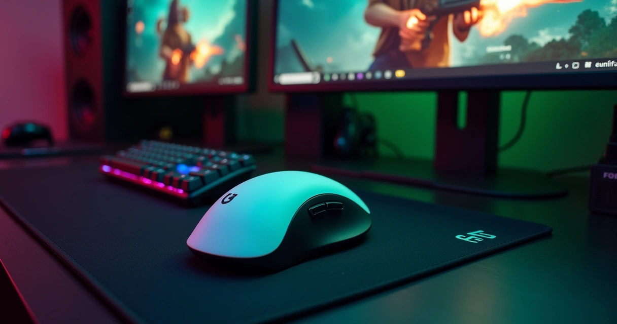 Mouse Logitech G Pro X Superlight em uma mesa de jogo com tela de computador e luzes LED.