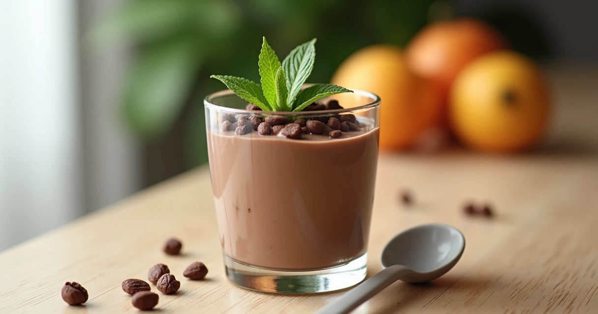 Mousse de abacate com cacau em pequena taça, fundo claro, colher ao lado 