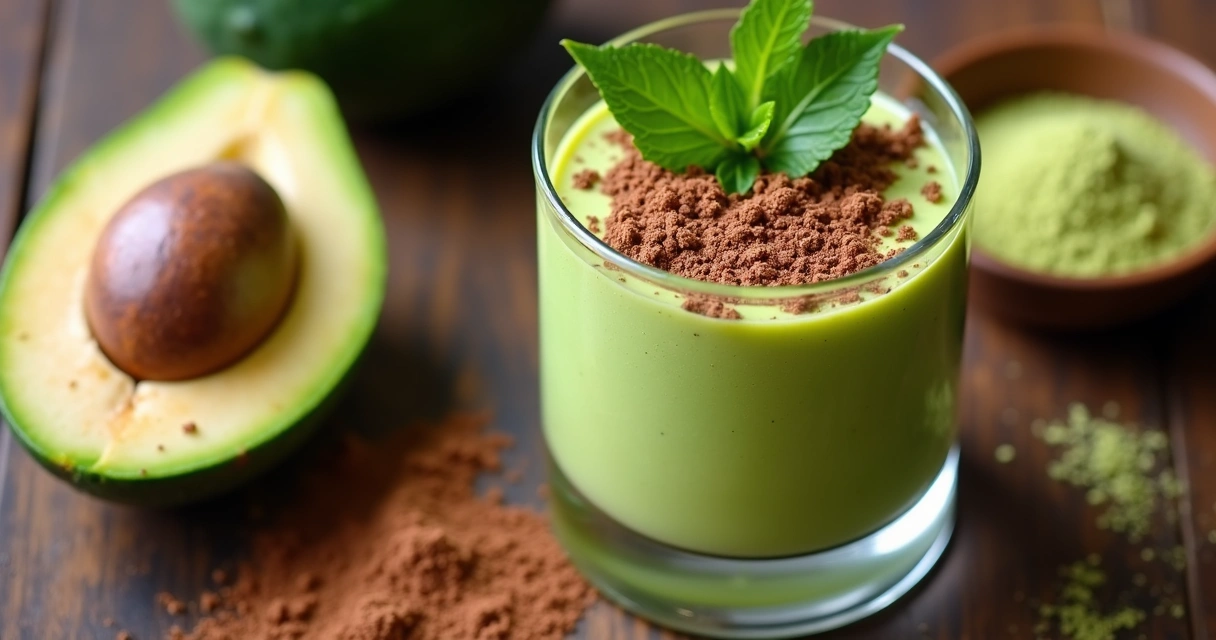Mousse verde em taça decorada, ao lado de folhas de moringa