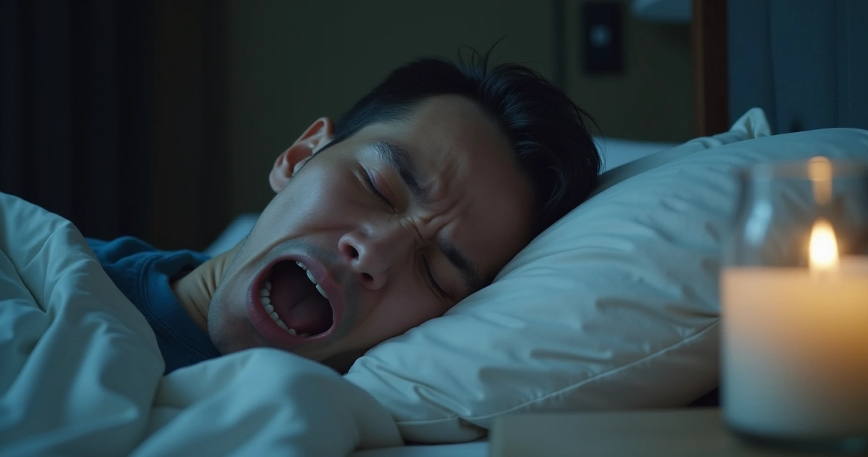 Person sleeping with mouth open, showing possible discomfort 