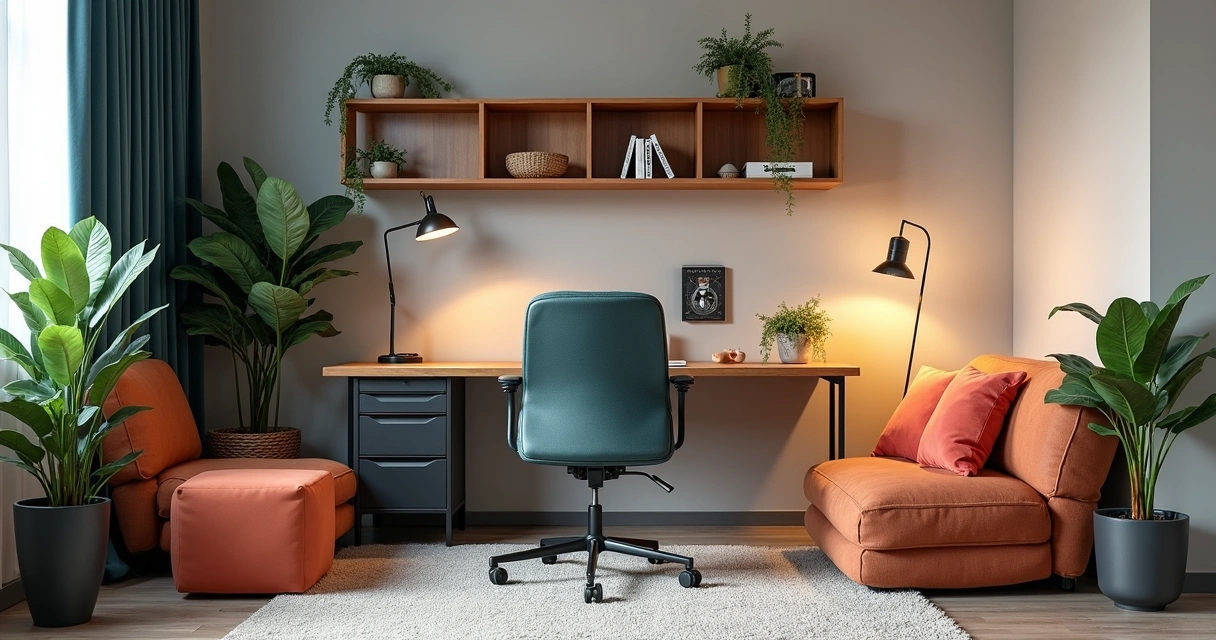 Móveis ergonômicos e itens de decoração em uma sala privada de coworking 